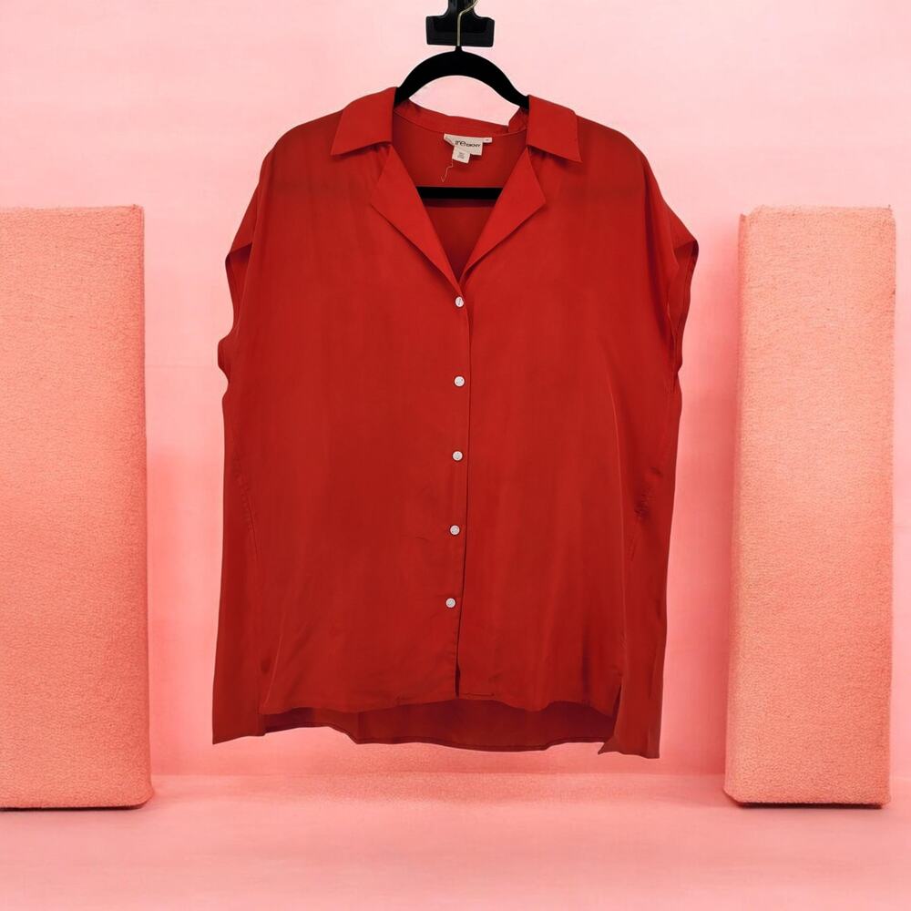 DKNY Women Medium Pure Relaxed Button Down Red Cap Sleeve Blouse
